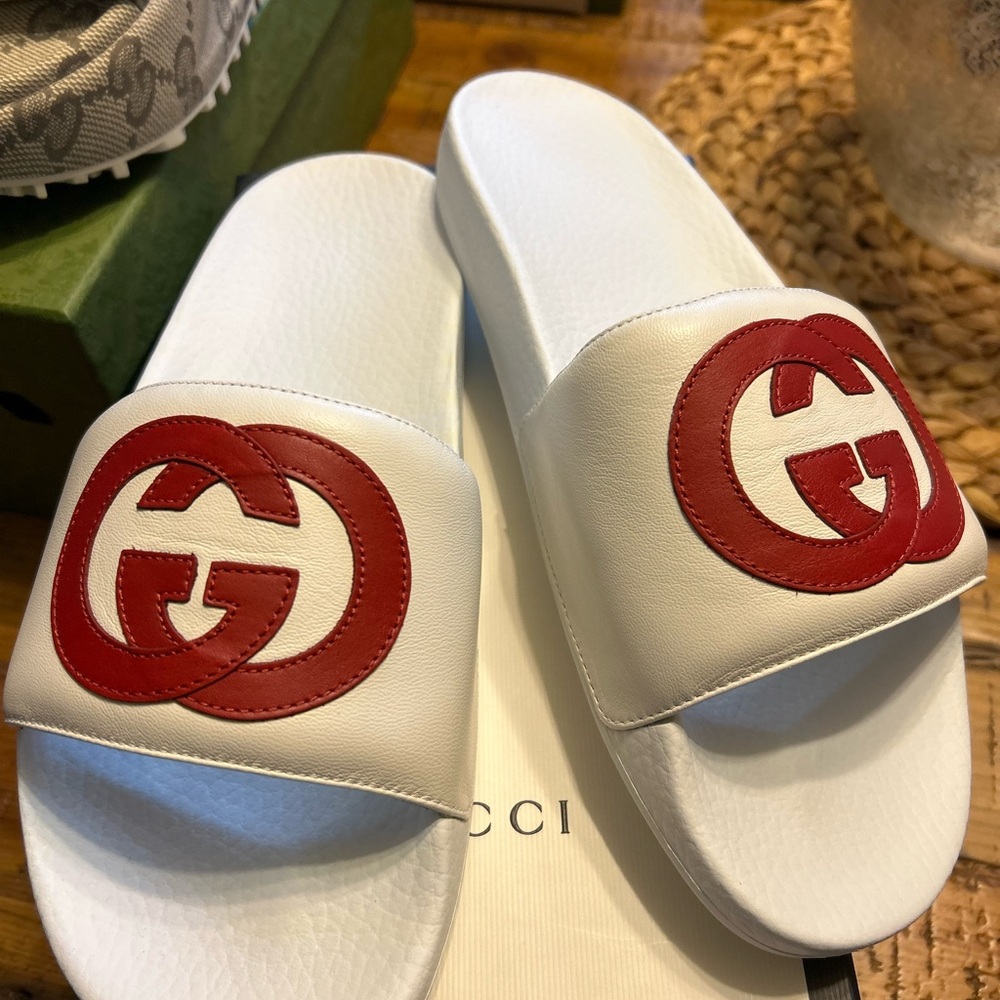 Gucci White Slides with Red Double G Patch